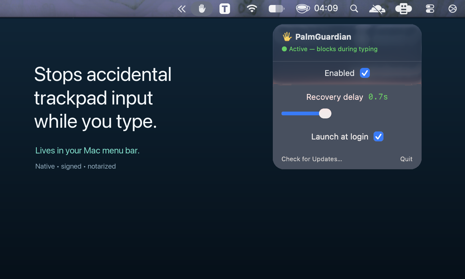 PalmGuardian active in the Mac menu bar with copy explaining accidental pointer input protection