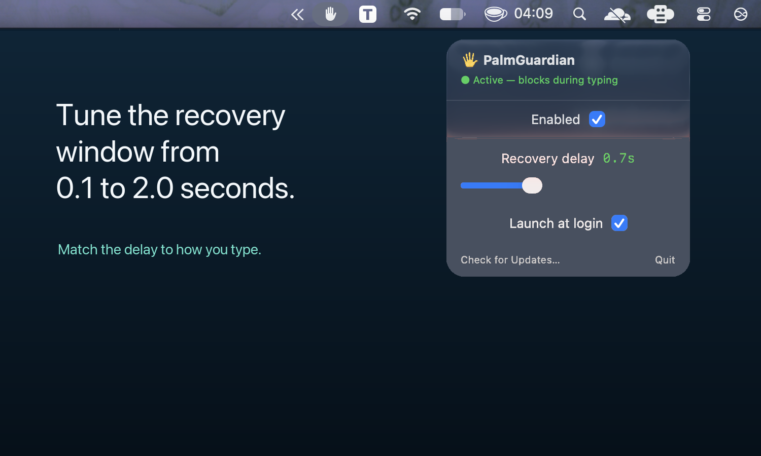 PalmGuardian recovery delay control set to half a second