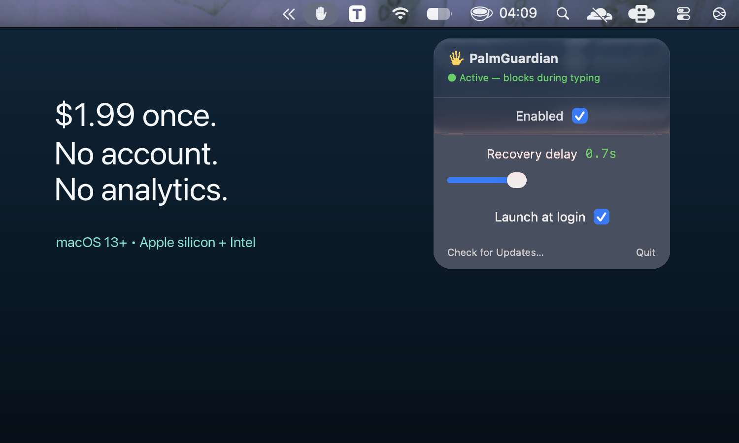 PalmGuardian product facts showing one-time price and privacy details